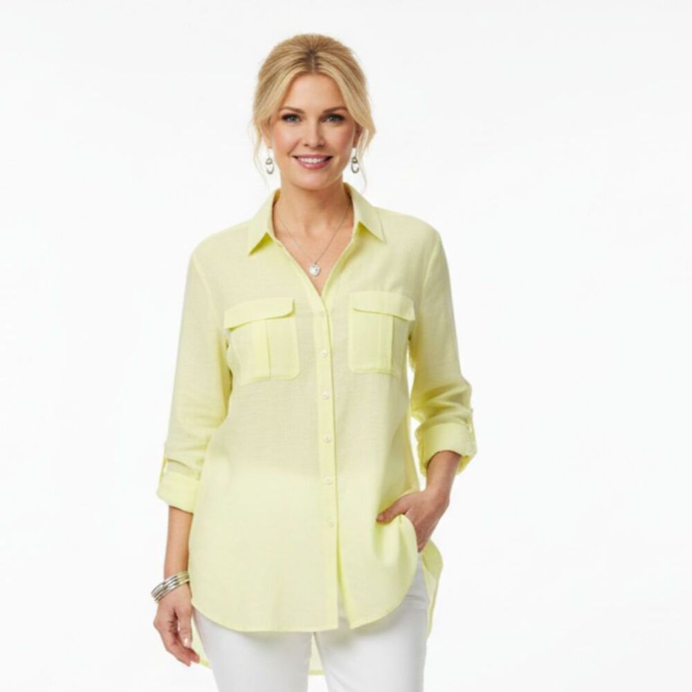 Chico’s Yellow Sherbet Sheer Button Up Convertible Sleeve‎ Top O S